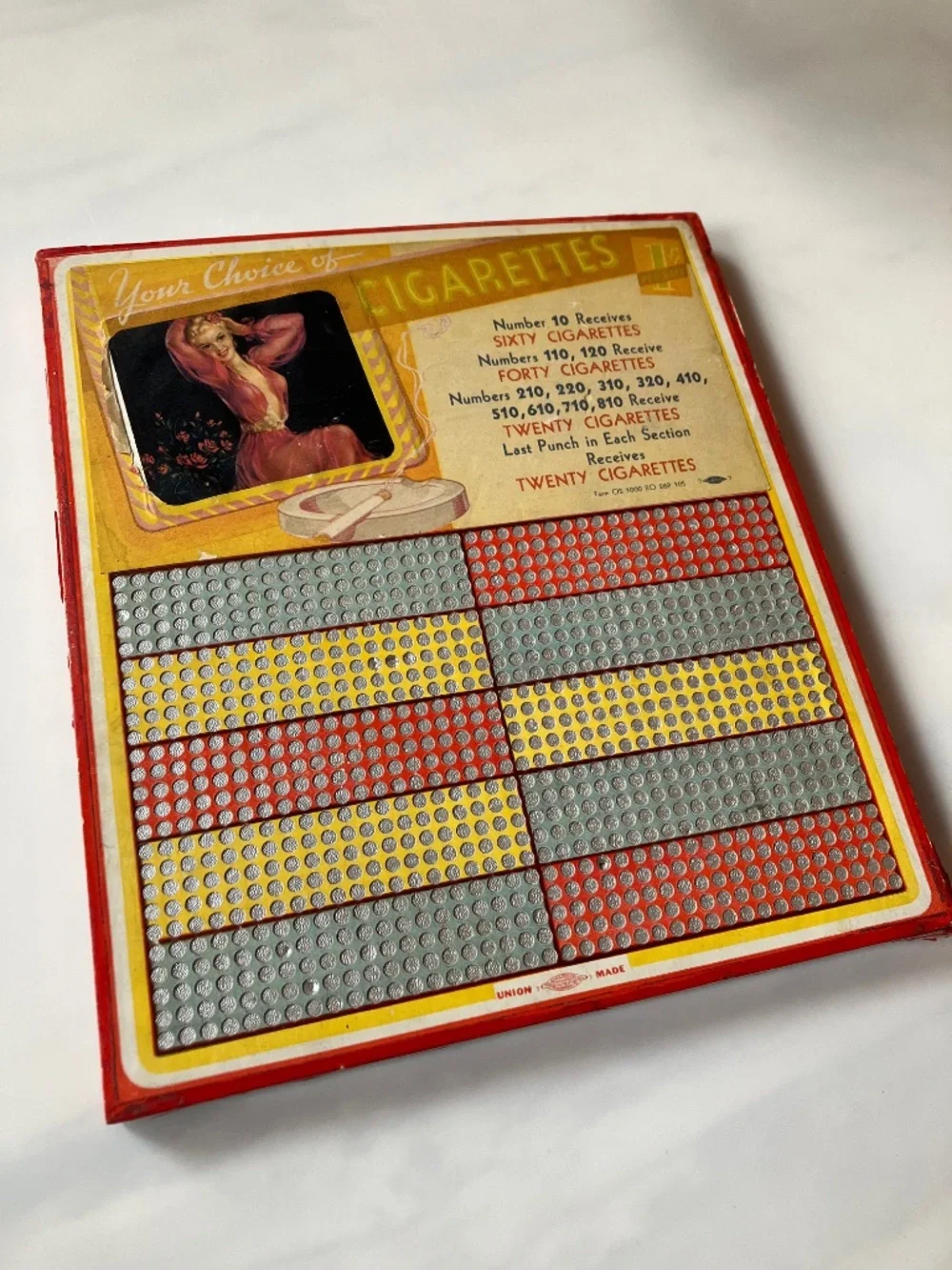 RARE Unused Vintage 30s Pin-up Punchboard Game “Your Choice of Cigarettes” 8 x 1